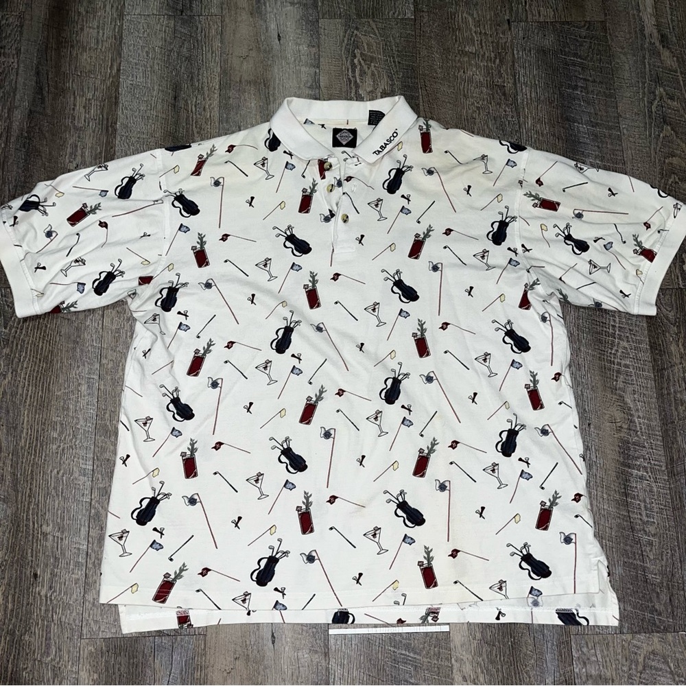 Vintage Tabasco Hot Sauce Polo Shirt Men's XL All Over Print Golf Chili‎ Peppers